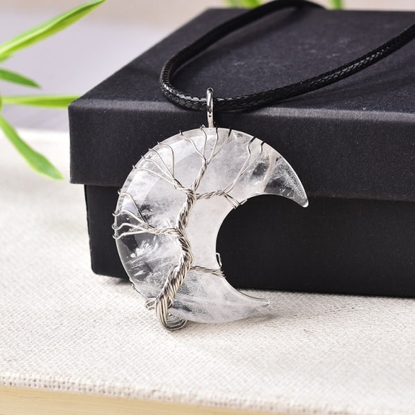 Tree Of Life Moon Shape Natural Stone Necklace